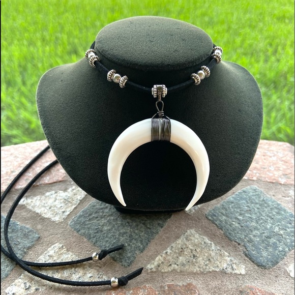 Silverskylight Jewelry - Mother of pearl up side down crecent moon charm on adjustable black suede cord